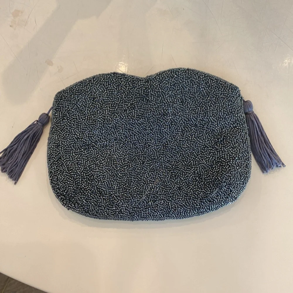 Vintage Beaded Clutch.  Multi‎ cColors on Front, Grey on Back.  Tassels.
